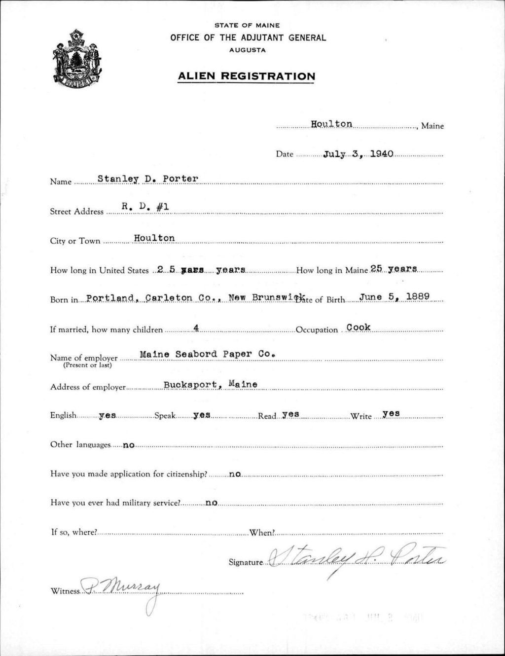 Miniature of Alien Registration- Porter, Stanley D. (Houlton, Aroostook County)