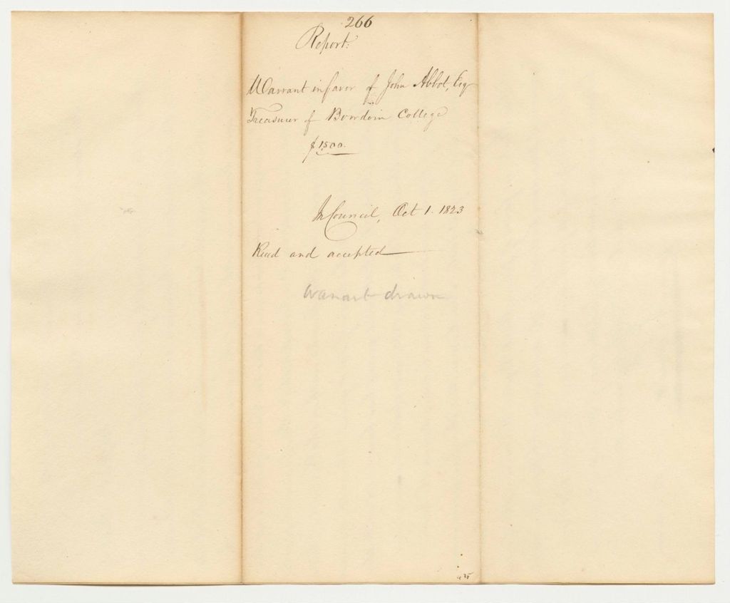 Miniature of Report 266: Report on the Warrant in Favor of John Abbot, Esq., Treasurer of Bowdoin College