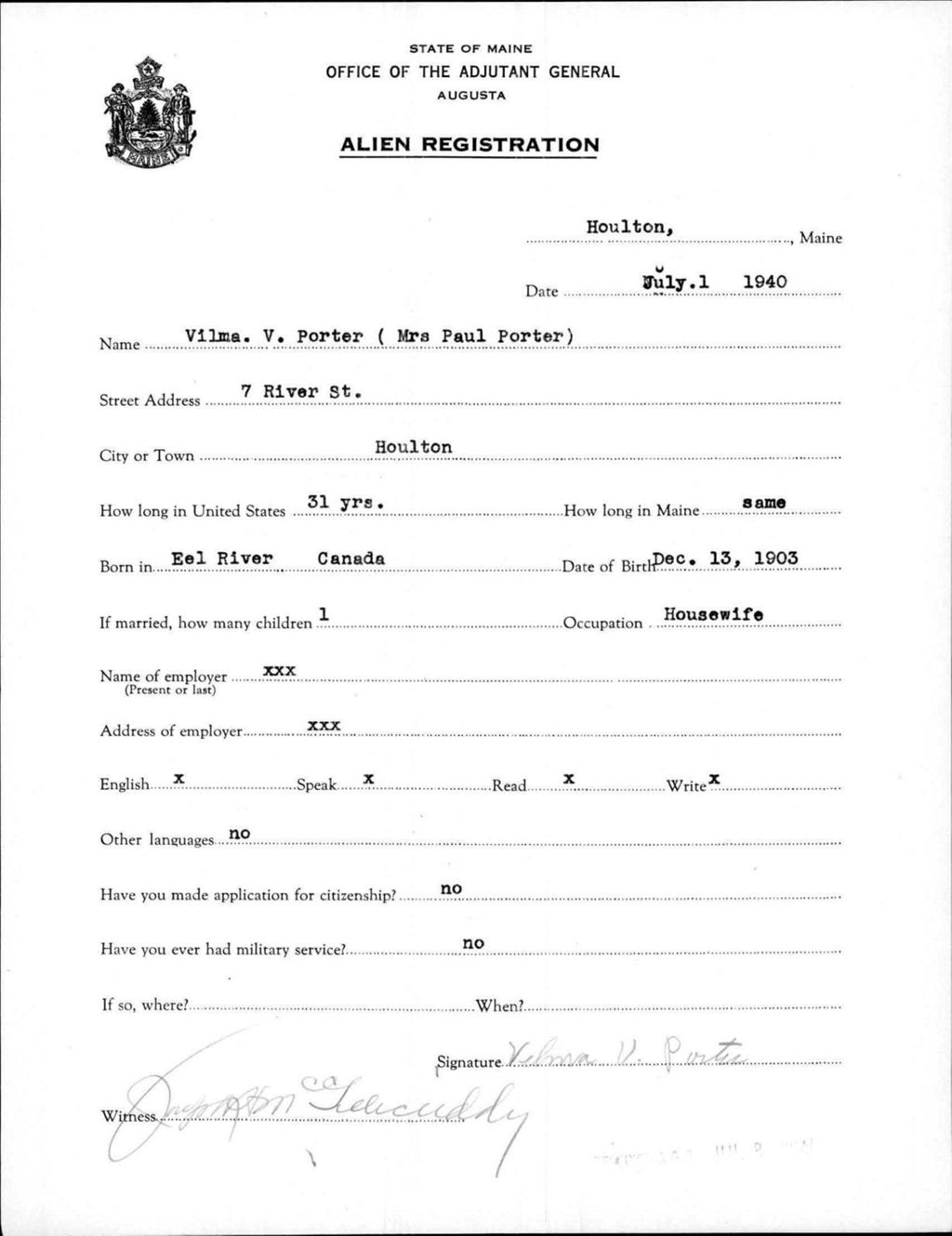 Miniature of Alien Registration- Porter, Vilma V. (Houlton, Aroostook County)