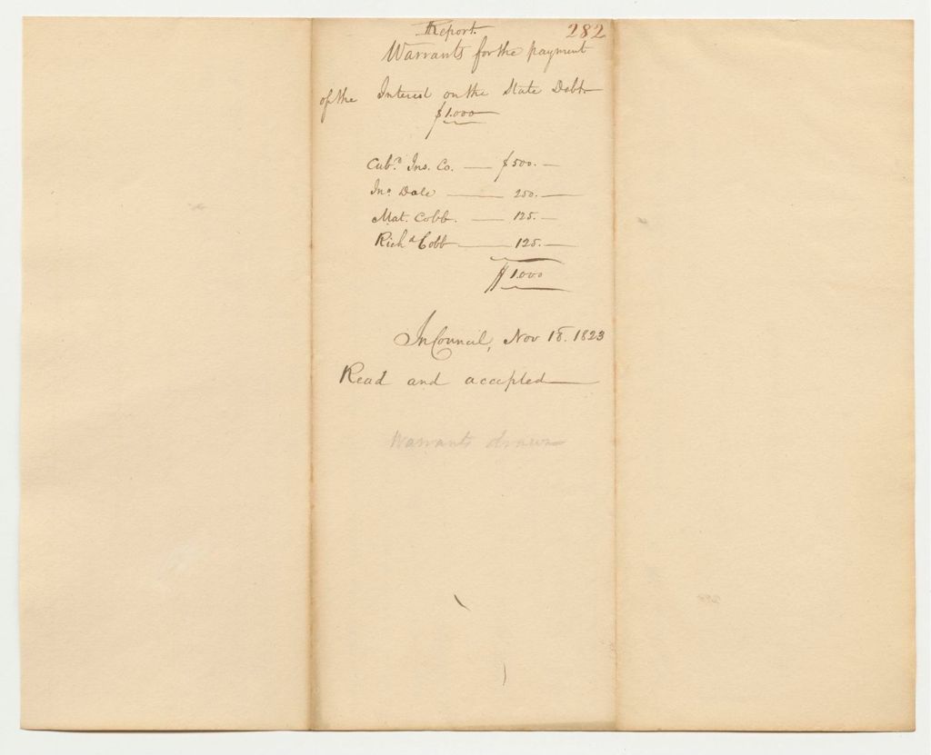 Miniature of Report 282: Report on the Warrant for the Interest on the State Debt
