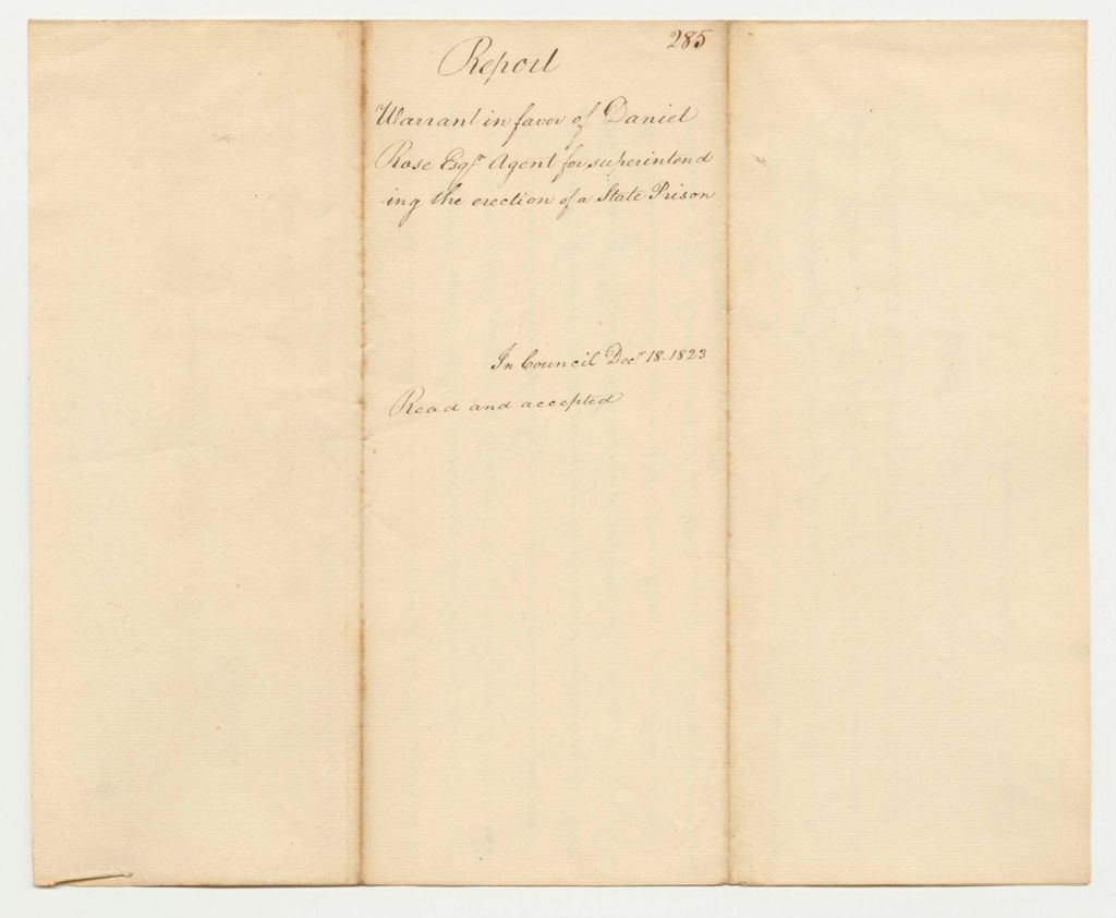 Miniature of Report 285: Report on the Warrant in Favor of Daniel Rose, Agent for Superintending the Erection of a State Prison