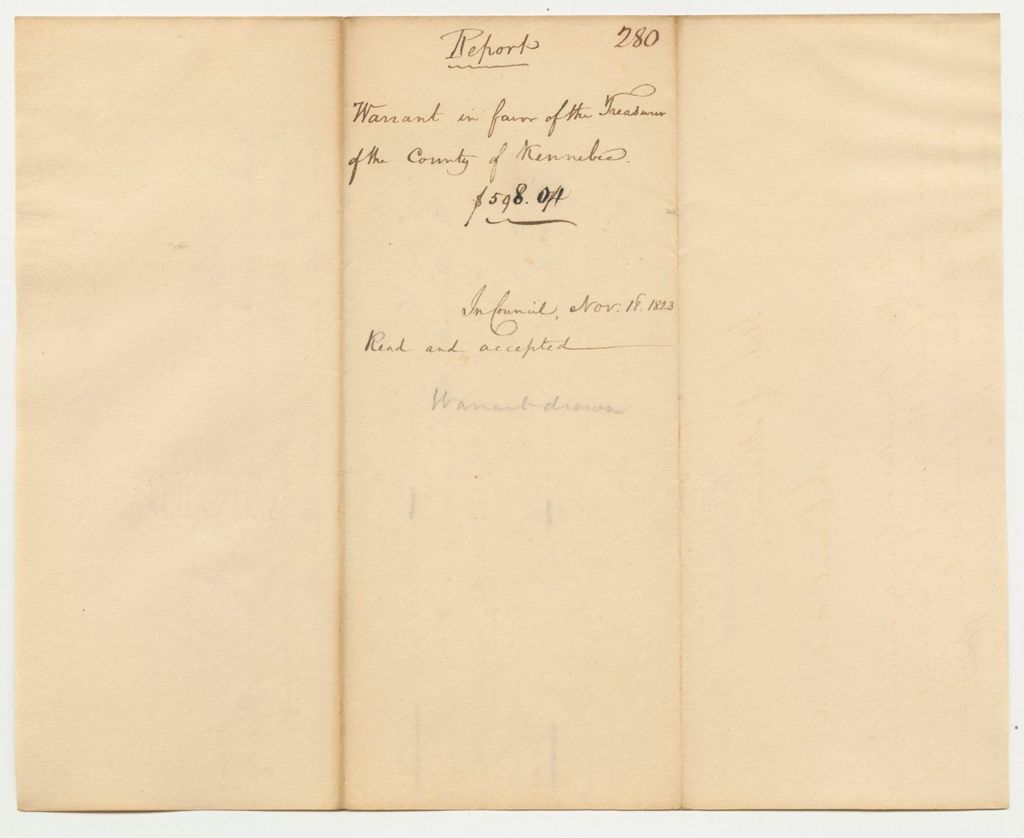 Miniature of Report 280: Report on the Warrant in Favor of the Treasurer of the County of Kennebec