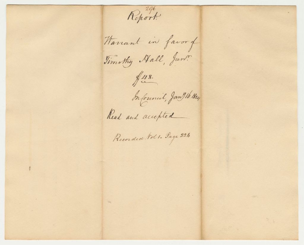 Miniature of Report 296: Report on the Warrant in Favor of Timothy Hall, Jr. for a Pension