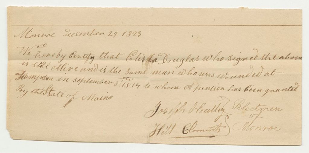 Miniature of Joseph Neally and Hill Clement, Selectmen of Monroe, Certification for the Pension of Elisha Douglass
