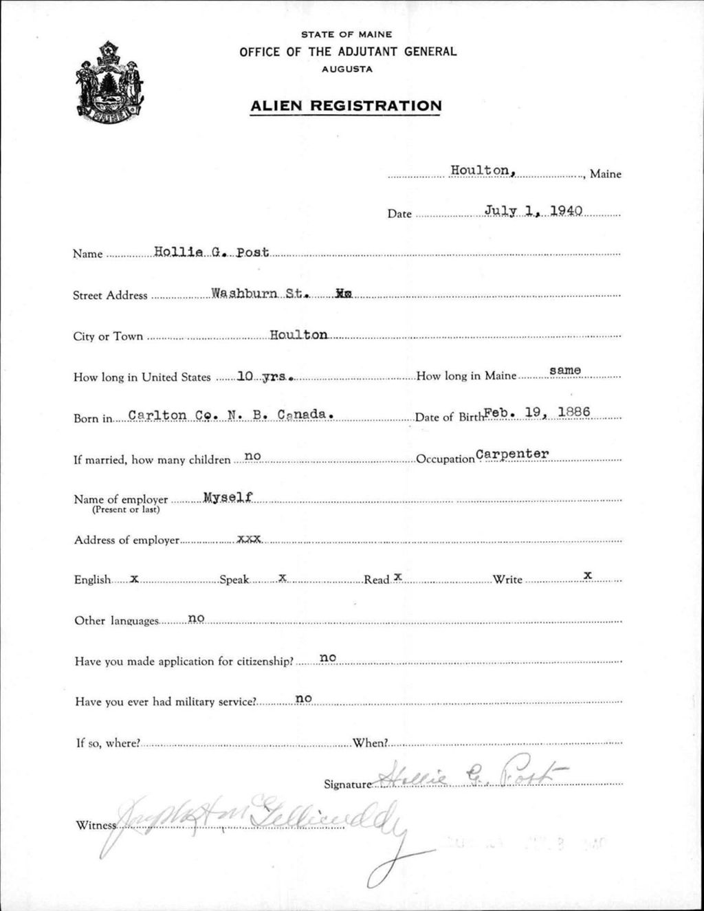 Miniature of Alien Registration- Post, Hollie G. (Houlton, Aroostook County)