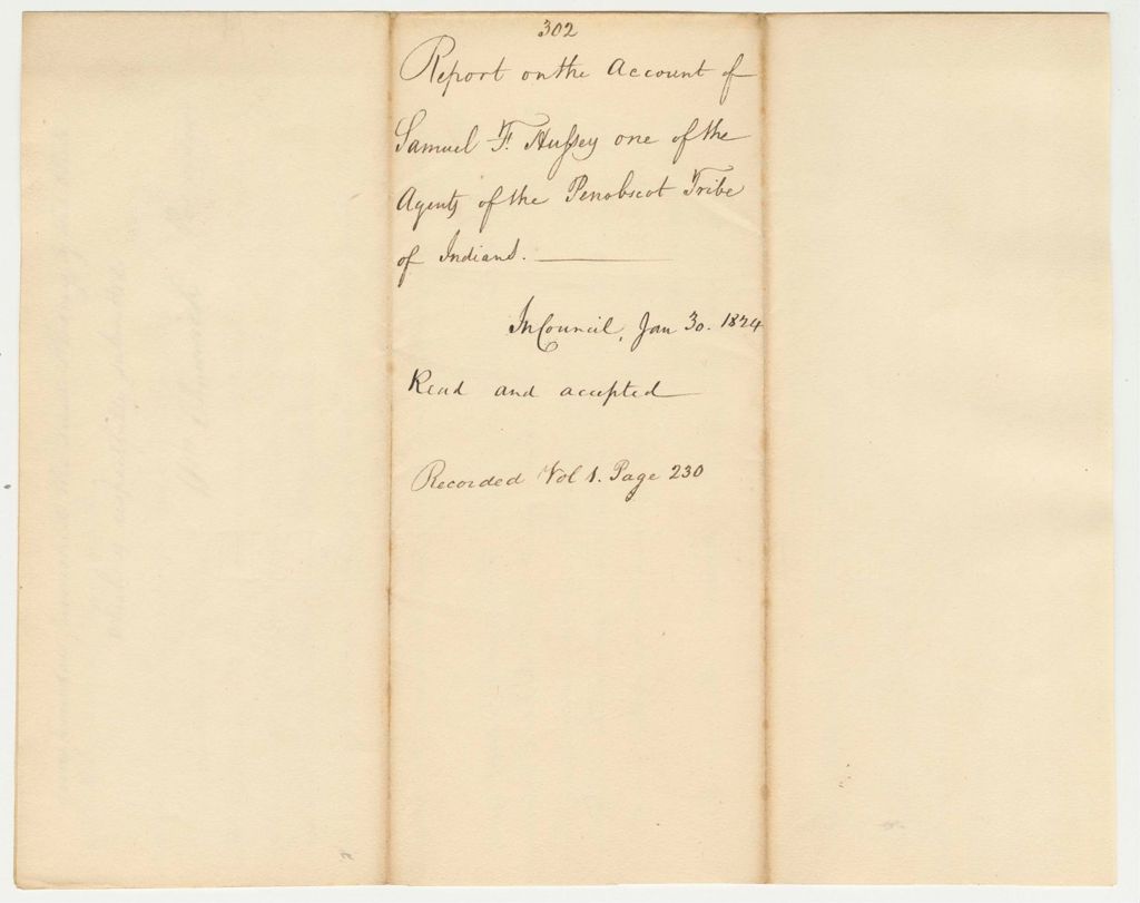 Miniature of Report 302: Report on the Account of Samuel F. Hussey, One of the Agents of the Penobscot Trive of Indians