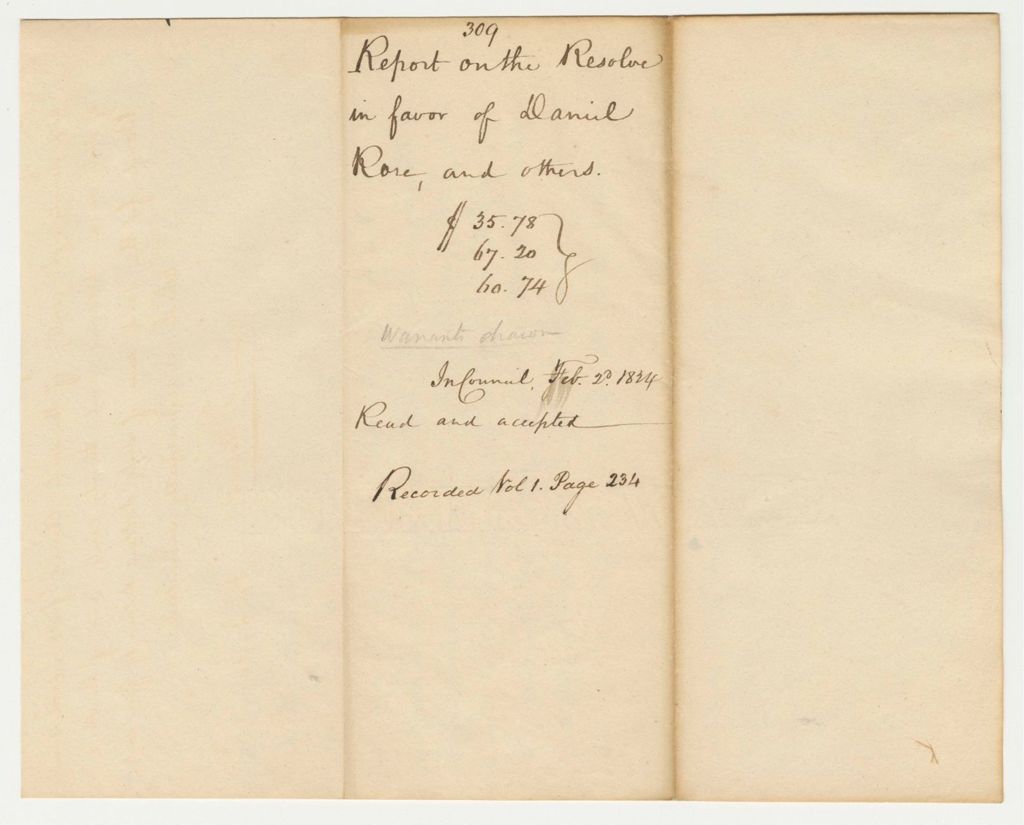 Miniature of Report 309: Report on the Resolve in Favor of Daniel Rose and Others