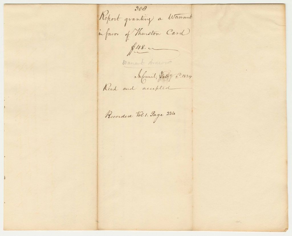 Miniature of Report 308: Report Granting a Warrant in Favor of Thurston Card for a Pension