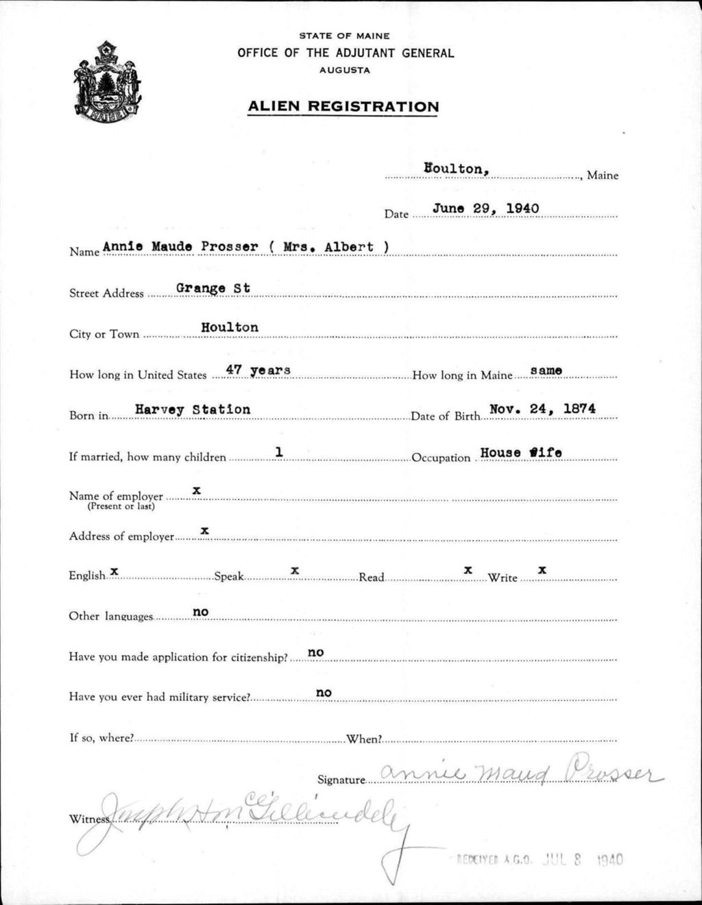 Miniature of Alien Registration- Prosser, Annie M. (Houlton, Aroostook County)