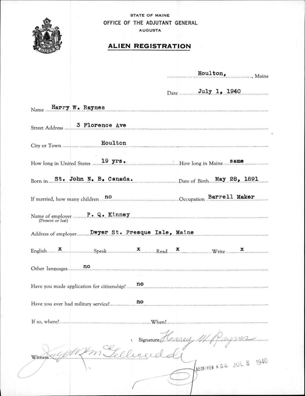 Miniature of Alien Registration- Raynes, Harry W. (Houlton, Aroostook County)