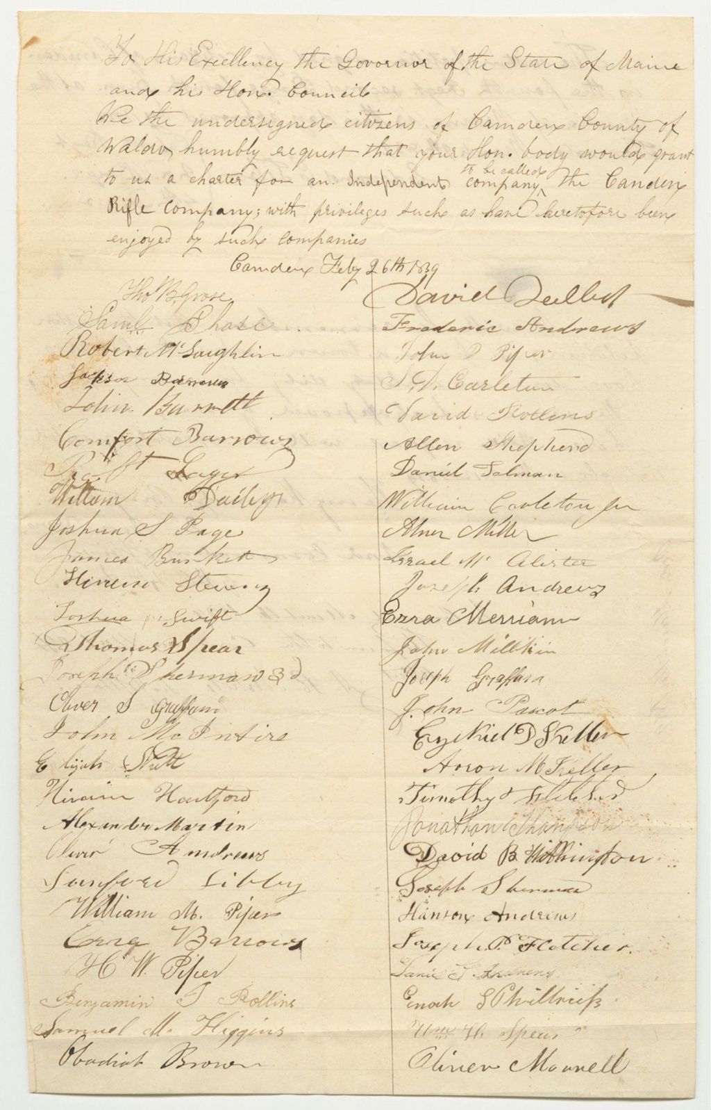Miniature of Petition for the Organization of a Rifle Company in Camden