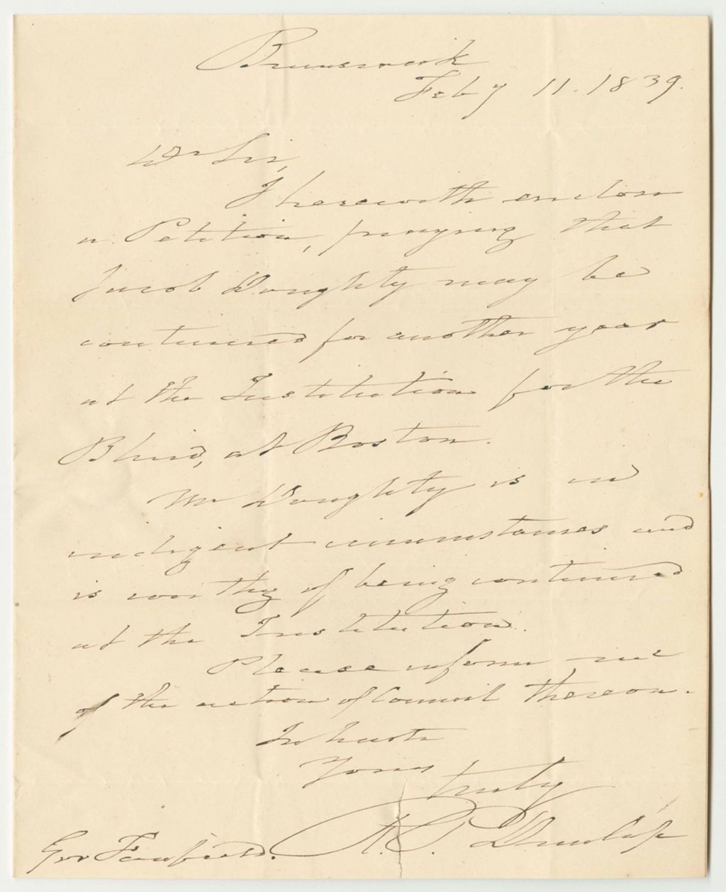 Miniature of Communication from Robert P. Dunlap, Relating to the Petition for Jacob Doughty to Continue at the New England Institutue for the Blind