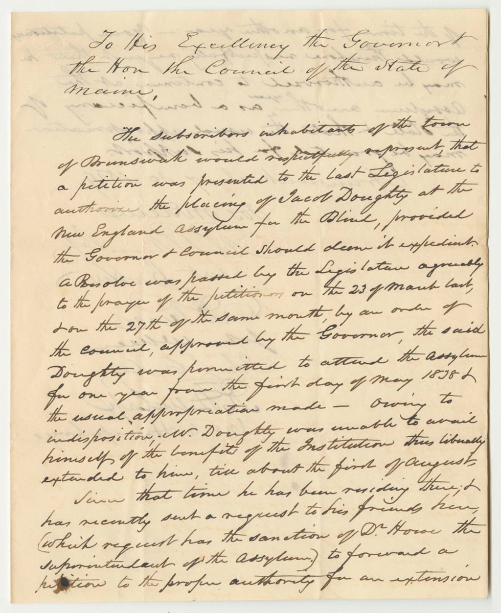 Miniature of Petition of the Inhabitants of Brunswick for Jacob Doughty to Continue at the New England Institutue for the Blind