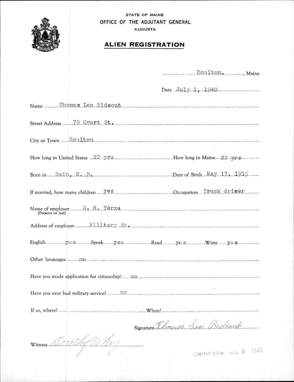 Miniature of Alien Registration- Rideout, Thomas L. (Houlton, Aroostook County)
