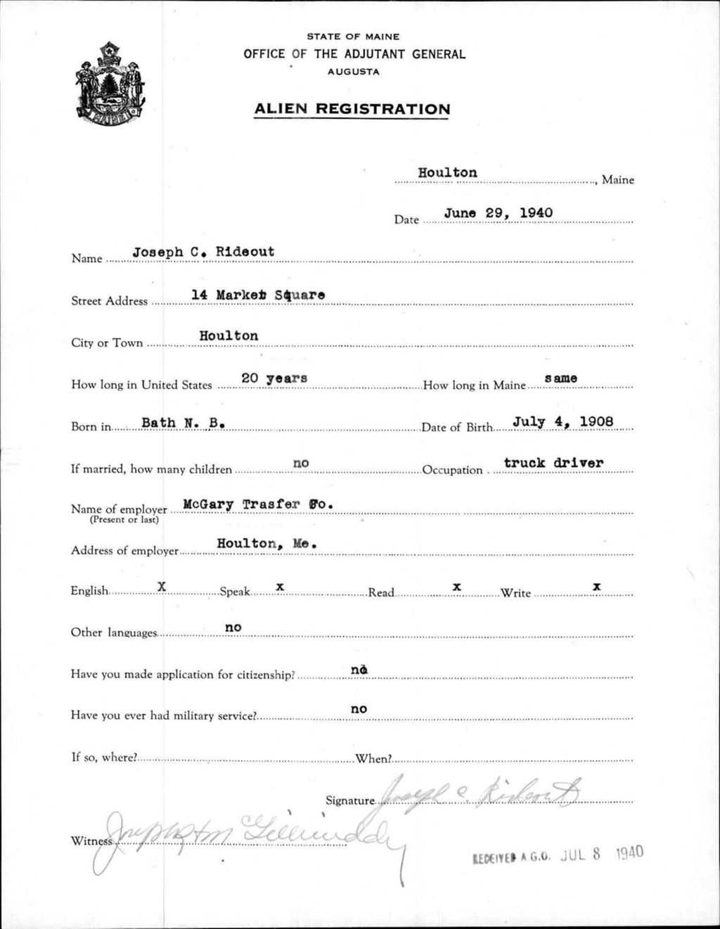 Miniature of Alien Registration- Rideout, Joseph C. (Houlton, Aroostook County)