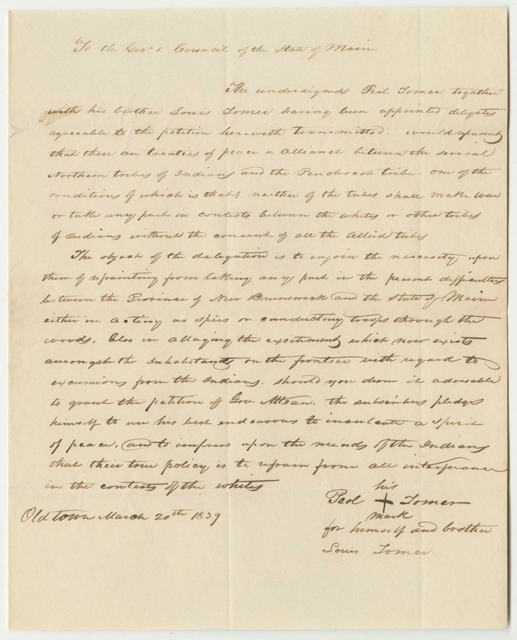 Miniature of Communication from Peol Tomer and Louis Tomer, Relating to the Petition of John Attean to Send Delegates to Quebec to Maintain Nuetrality in the Northeast Boundary Dispute