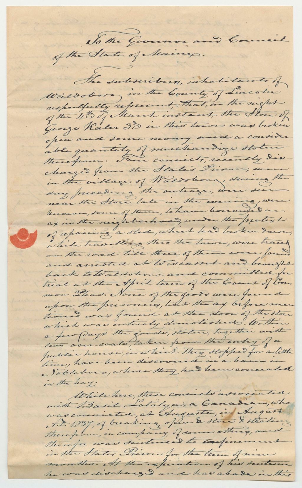 Miniature of Petition of the Inhabitants of Waldoboro for the Pardon of Basil Latalya