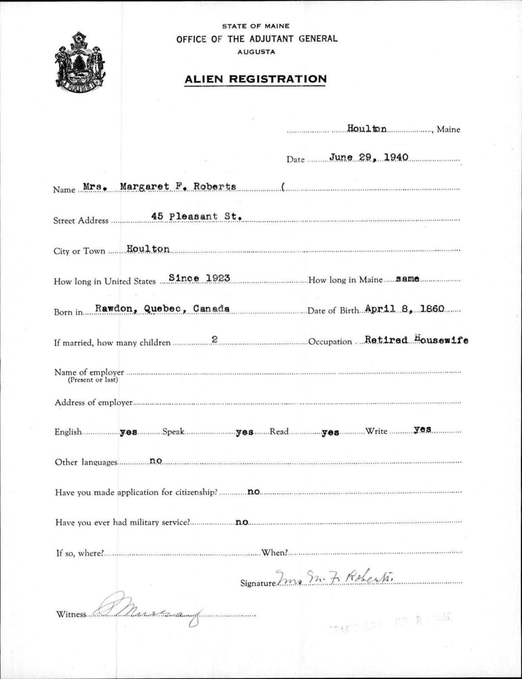 Miniature of Alien Registration- Roberts, Margaret F. (Houlton, Aroostook County)