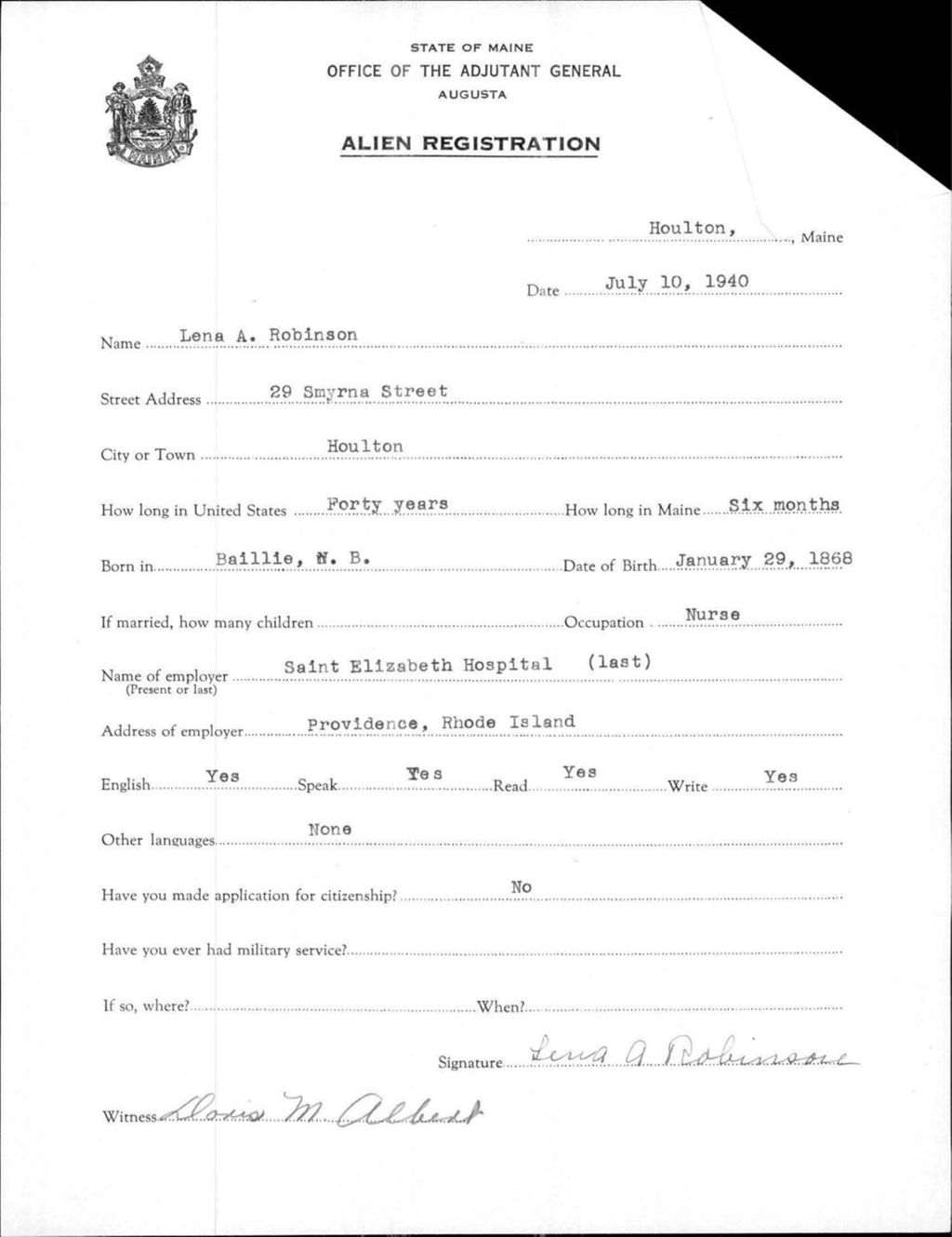 Miniature of Alien Registration- Robinson, Lena A. (Houlton, Aroostook County)