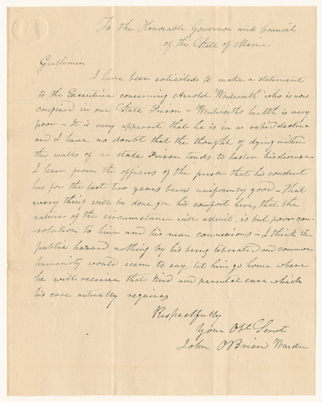 Miniature of Warden John O'Brien's statement on Arnold Wentworth