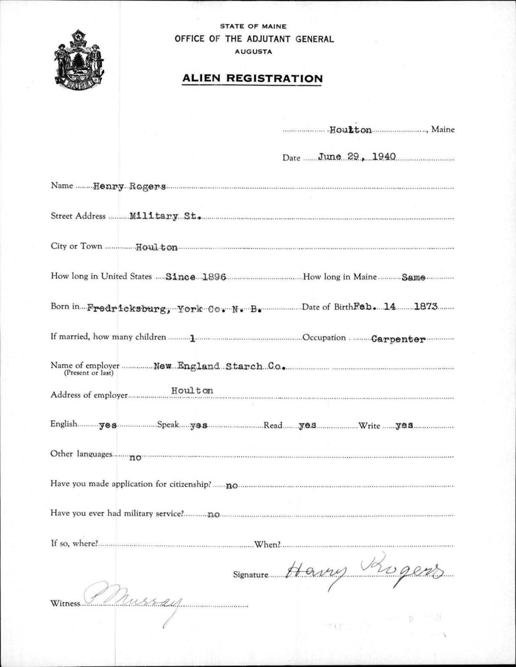 Miniature of Alien Registration- Rogers, Henry (Houlton, Aroostook County)
