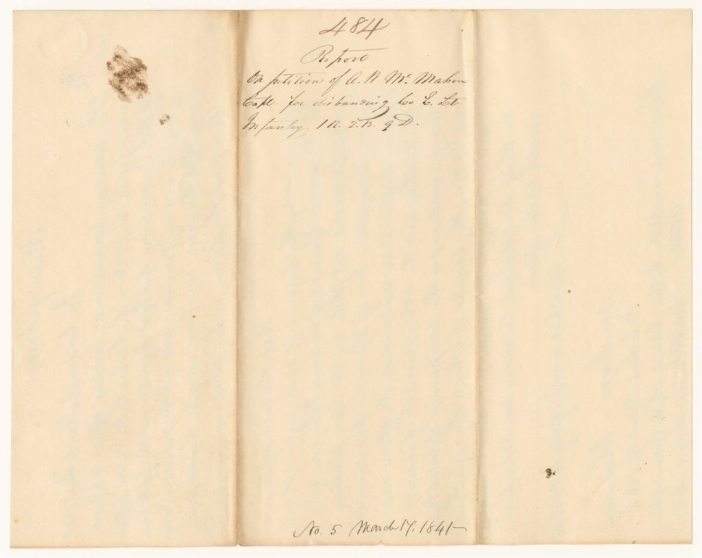 Miniature of Report 484: Report on the Petition of Captain Asahel W. McMahon for Disbanding Company "E", Light Infantry, 1st Regiment, 2nd Brigade, 9th Division