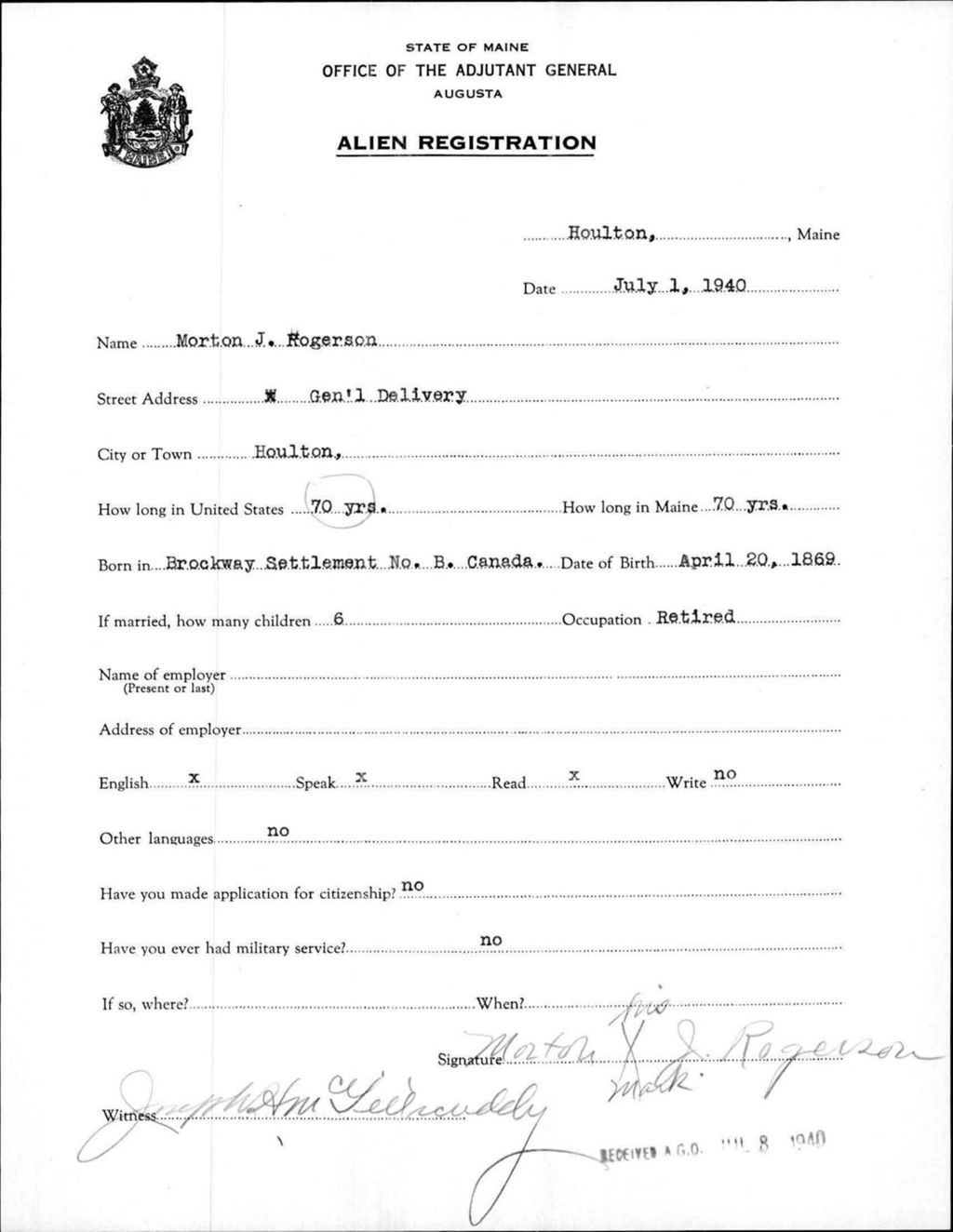Miniature of Alien Registration- Rogerson, Morton J. (Houlton, Aroostook County)