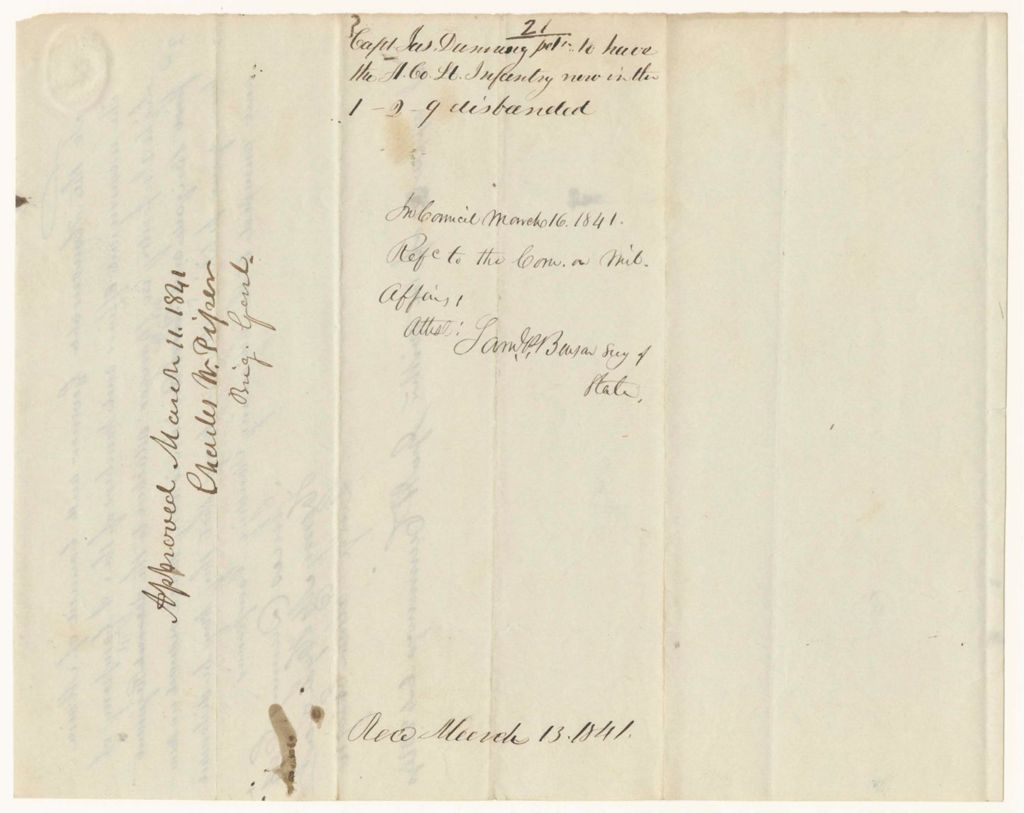 Miniature of Capt. James Dunning's petition to have the A Company of Infantry now in the 1st Regiment, 2nd Brigade, 9th Division be disbanded