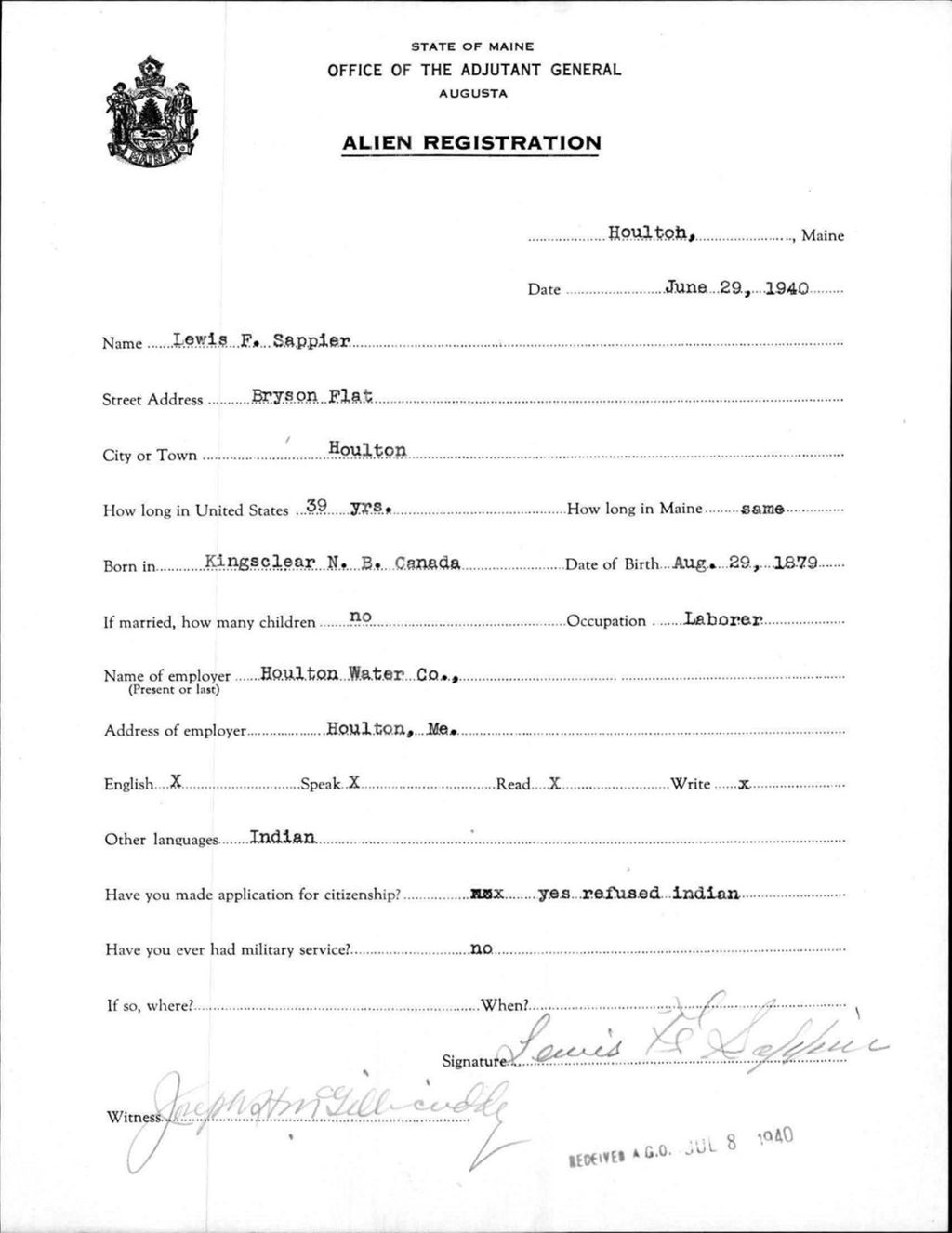 Miniature of Alien Registration- Sappier, Lewis F. (Houlton, Aroostook County)