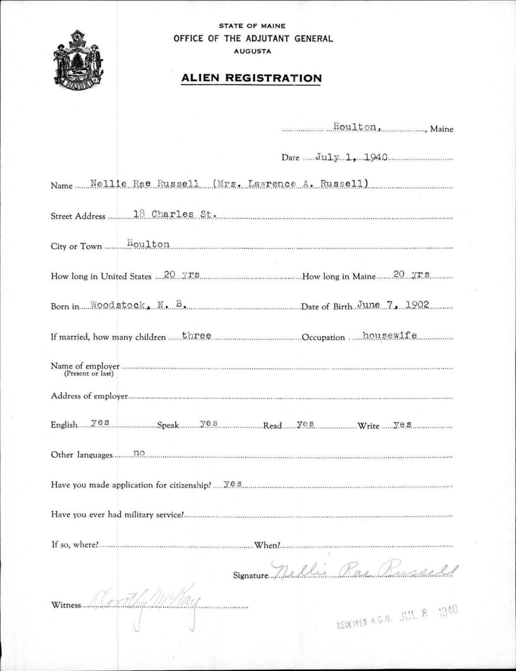 Miniature of Alien Registration- Russell, Nellie R. (Houlton, Aroostook County)