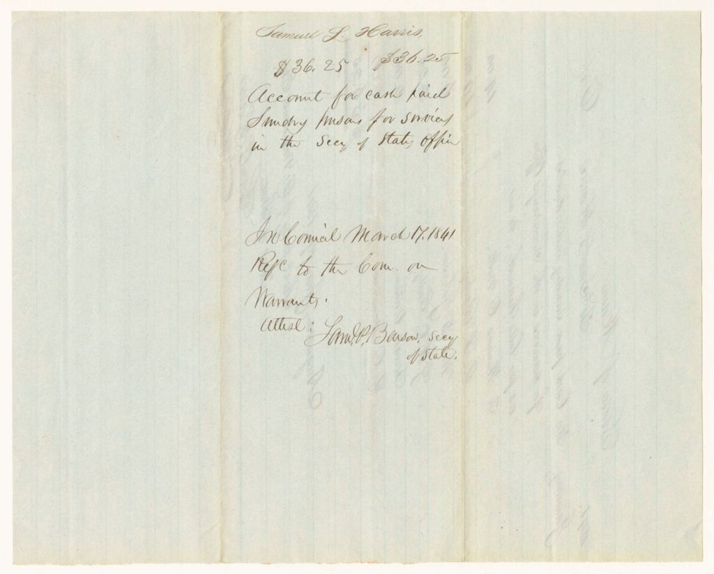 Miniature of Samuel L. Harris's Account for cash paid sundry persons for services in the Secretary of State's Office