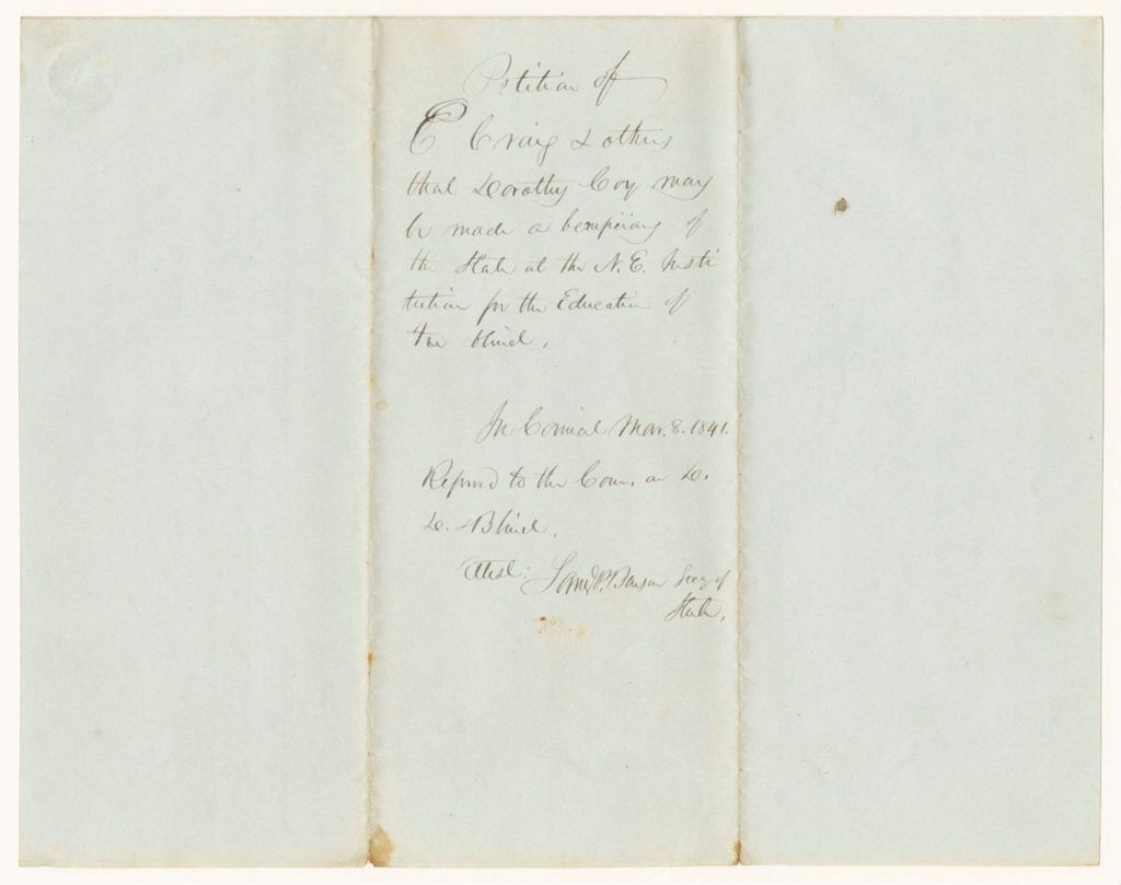 Miniature of Petition of E. Craig and others that Dorothy Coy may be made a beneficiary of the State at the New England Insitute for the Education of the Blind