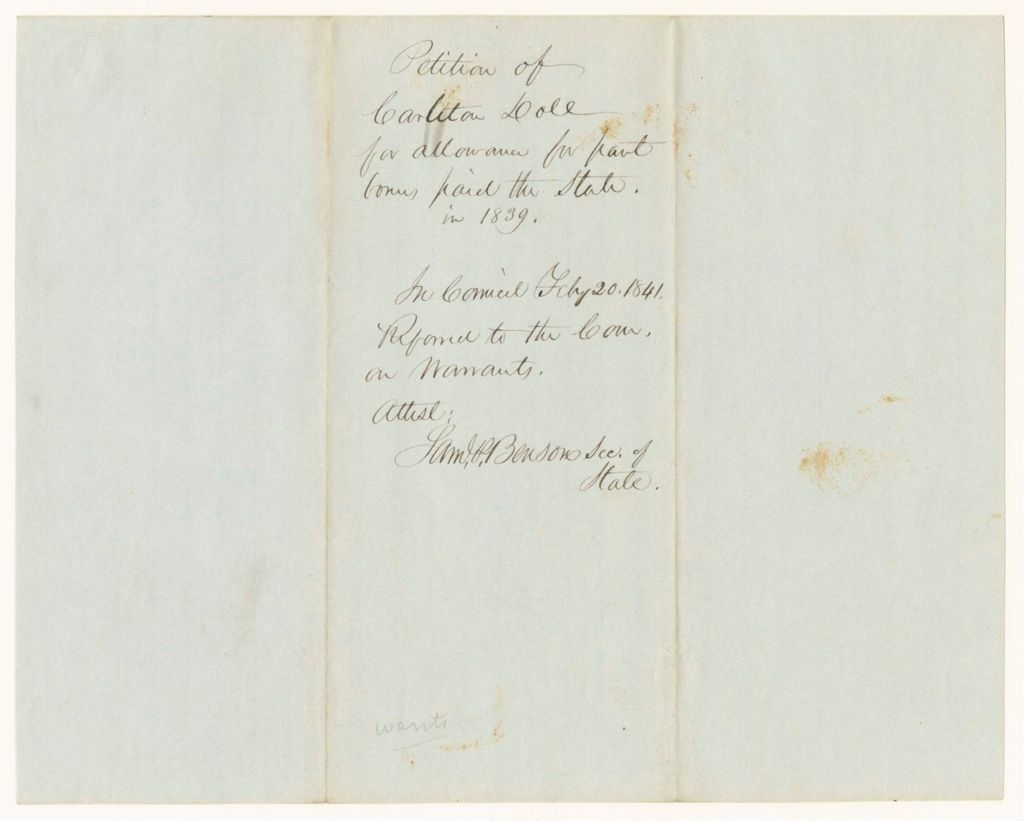 Miniature of Petition of Carleton Dole for Allowance for Part Bonus Paid to the State