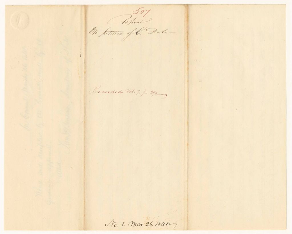Miniature of Report 507: Report on the Petition of Carleton Dole for Allowance for Part Bonus Paid to the State