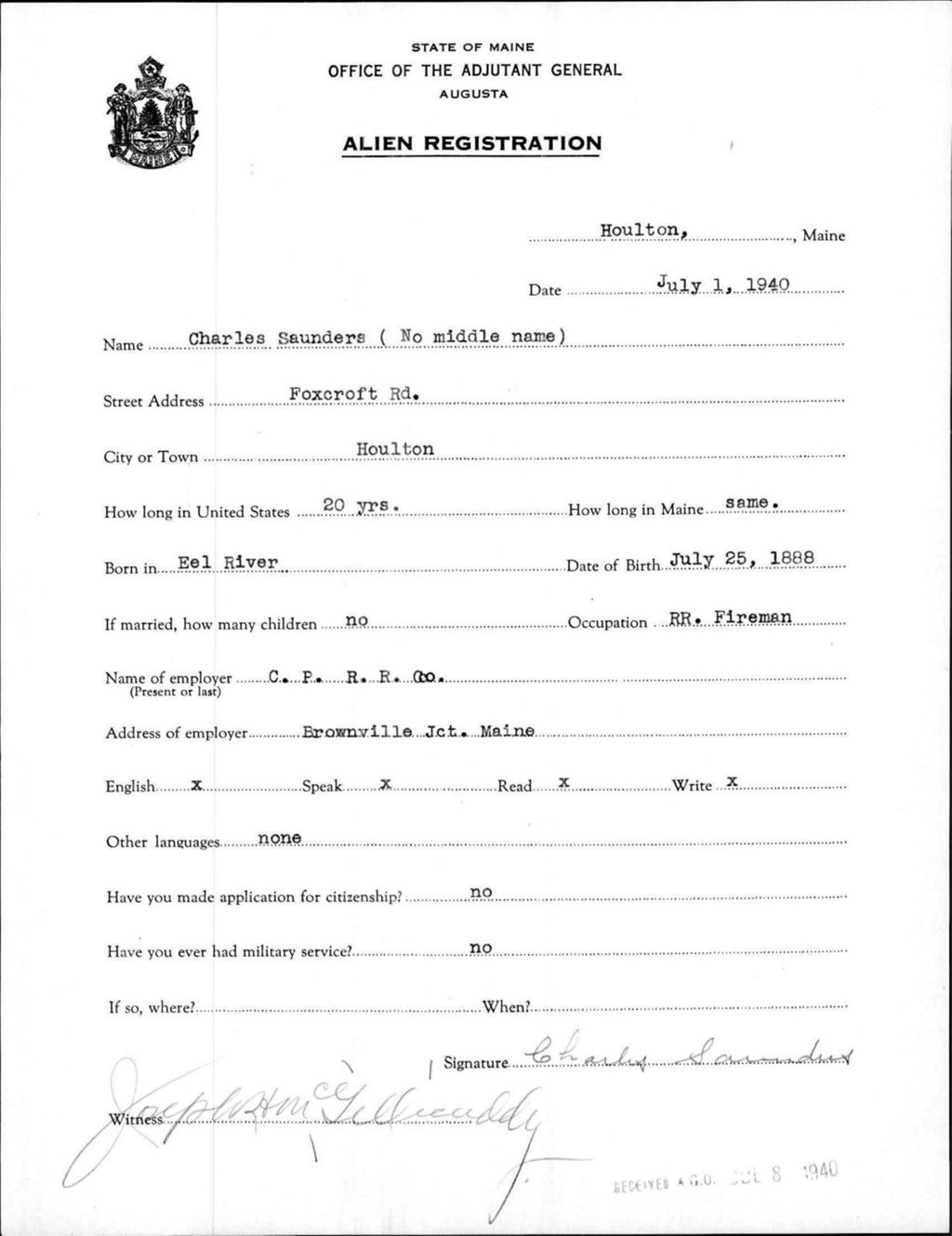 Miniature of Alien Registration- Saunders, Charles (Houlton, Aroostook County)
