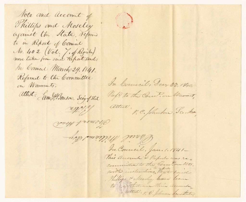Miniature of Note and Account of Phillips and Moseley against the State, referred to in Report of Council No. 402