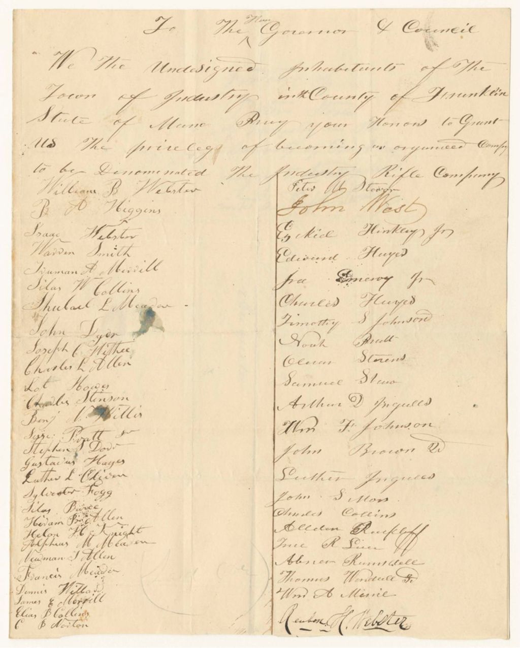 Miniature of Petition of Peter M. Stover and others to be organized into a Rifle Company