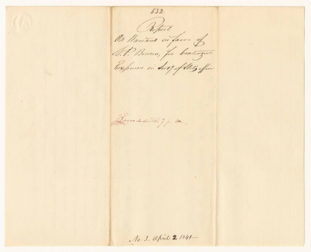 Miniature of Report 532: Report on Warrant in Favor of Samuel P. Benson, for Contingent Expenses in Secretary of State's Office