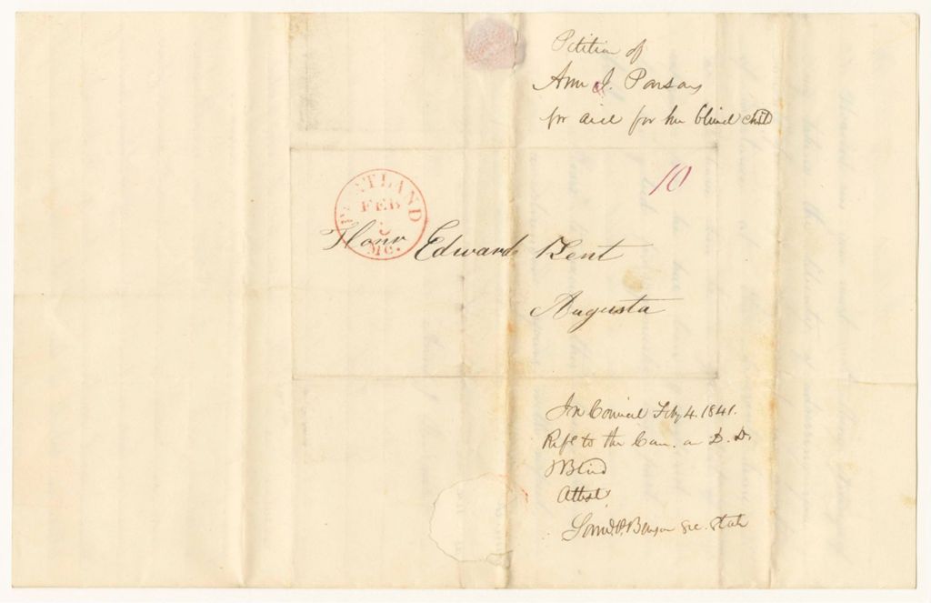Miniature of Petition of Ann J. Parsons for aid for her blind child