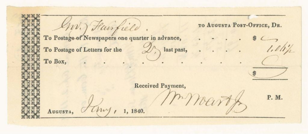 Miniature of William Woart Jr.'s Bills for Governor Fairfield's Postage