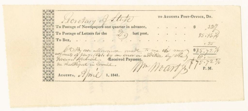 Miniature of Postmaster William Woart's bills for postage of several state officers