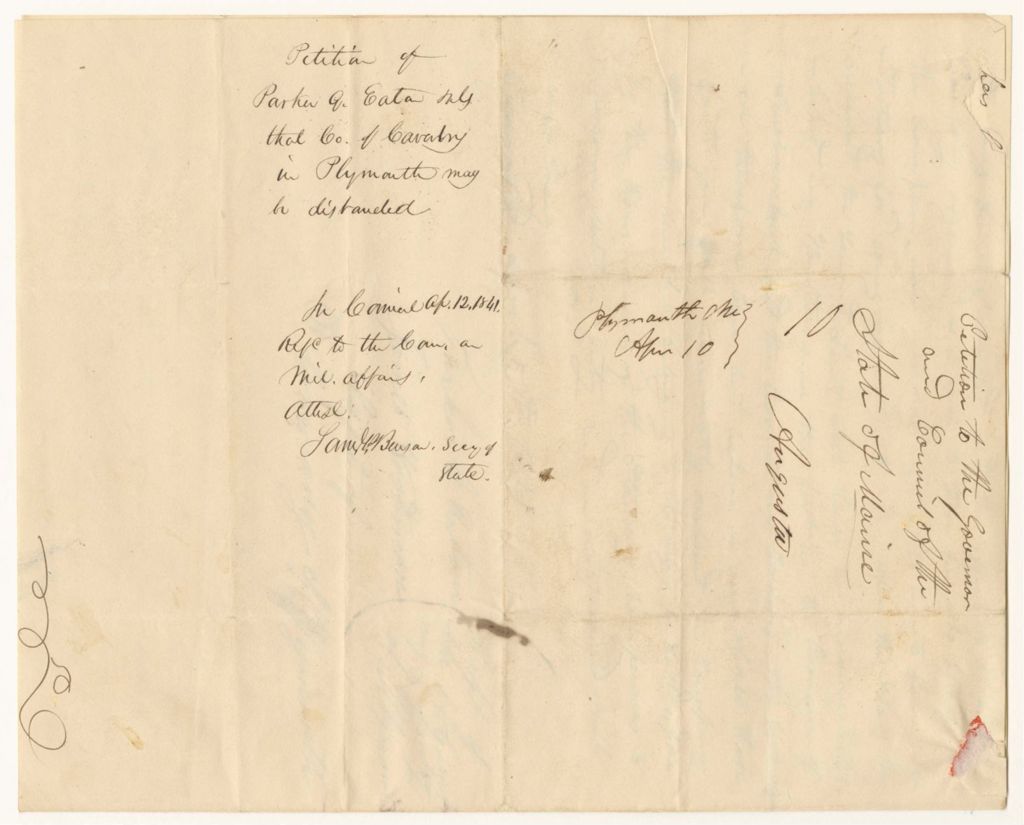 Miniature of Petition of Parker G. Eaton and others that the Company of Cavalry in Plymouth may be disbanded