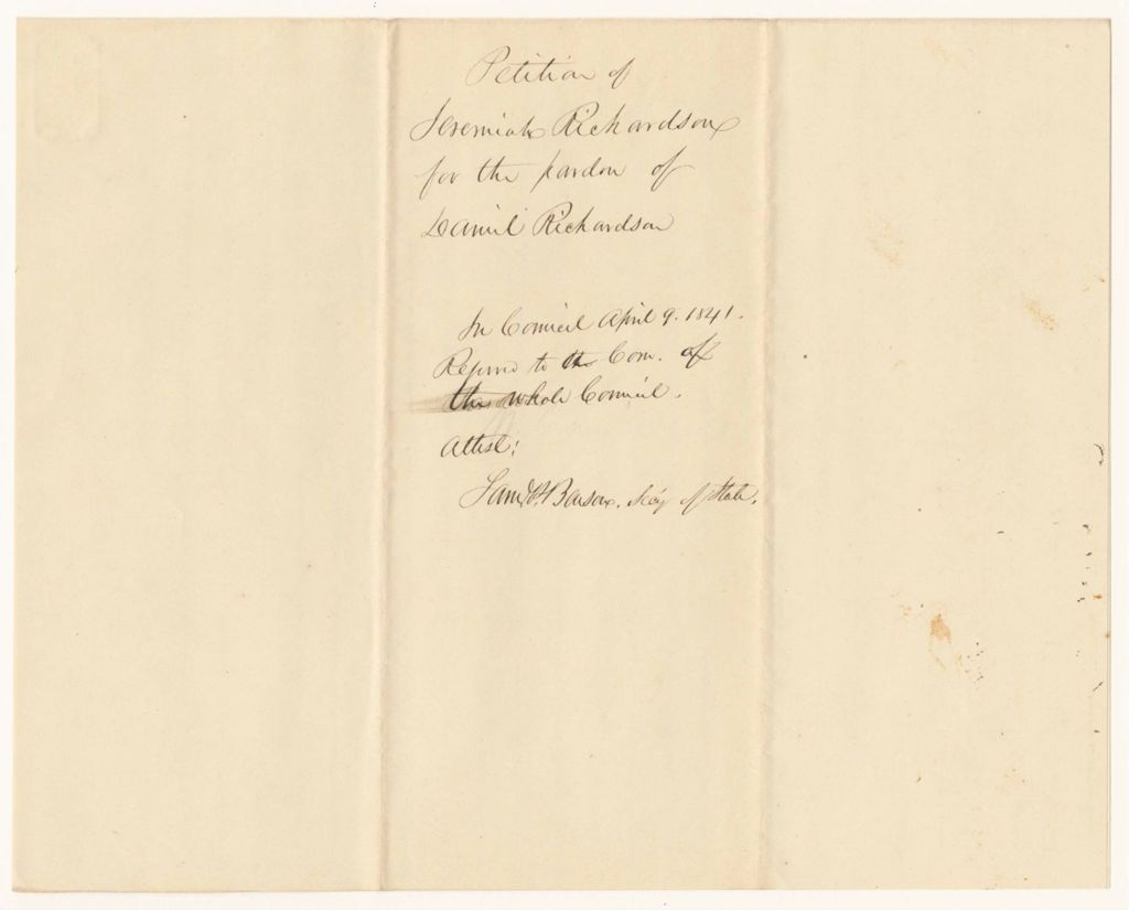 Miniature of Petition of Jeremiah Richardson for the Pardon of Daniel RIchardson