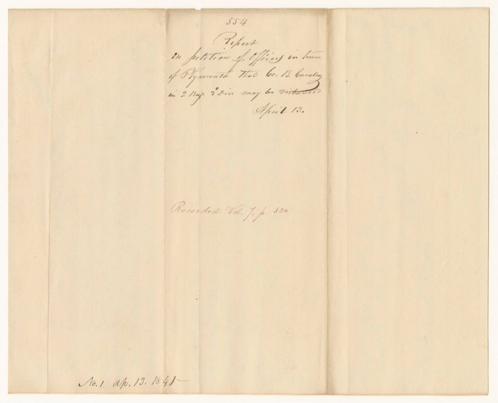 Miniature of Report 554: Report on the Petition of Officers in the Town of Plymouth that the "B" Company of Cavalry, 2nd Brigade, 2nd Division, May be Disbanded
