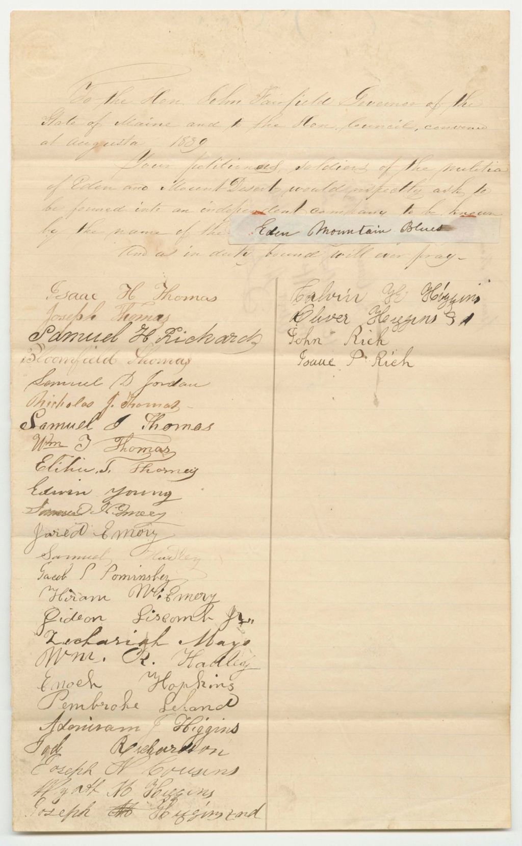 Miniature of Petition of Isaac H. Thomas and Others for an Independent Company of Militia in Eden and Mount Desert