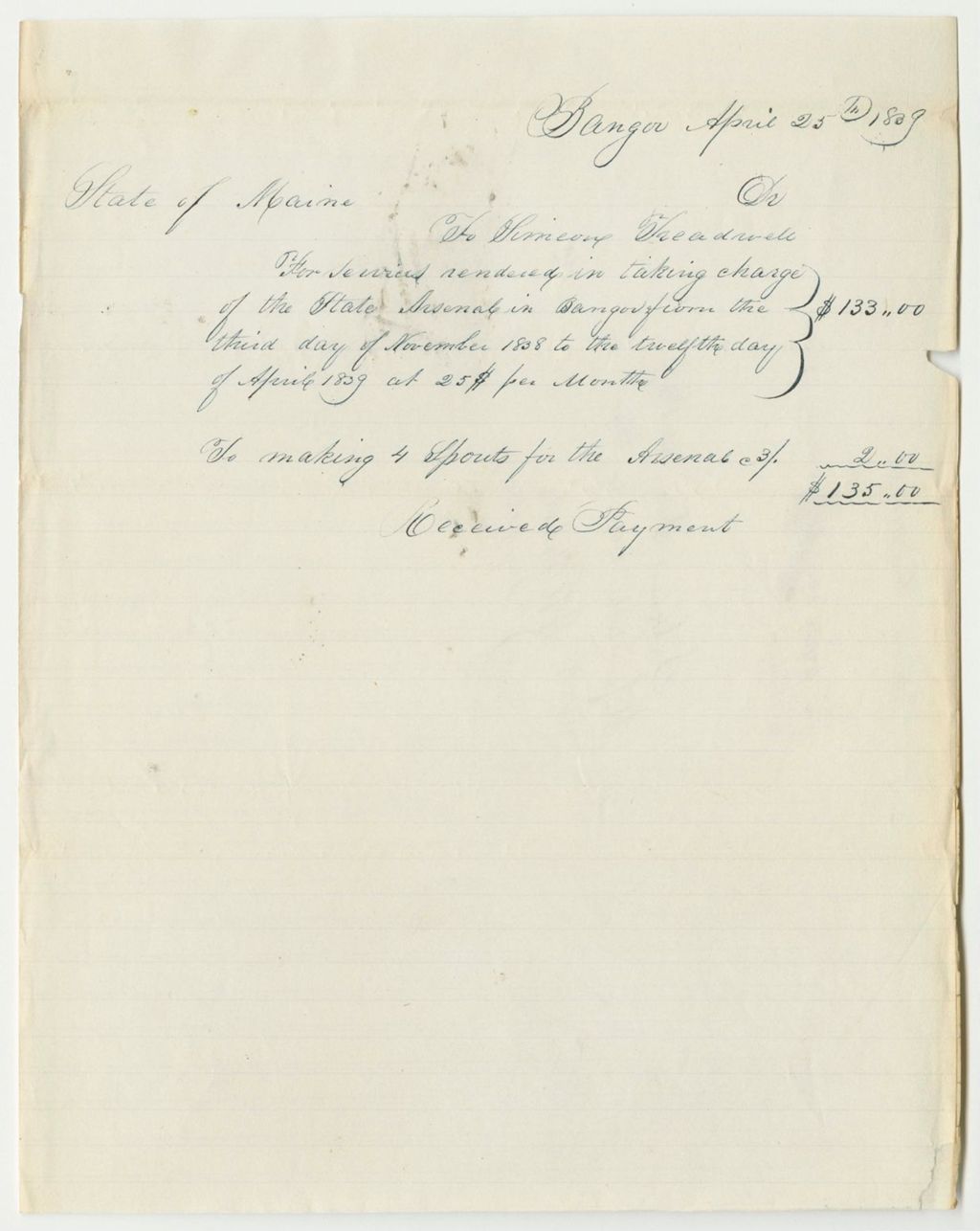 Miniature of Account of Simeon Treadwell, Keeper of the State Arsenal at Bangor