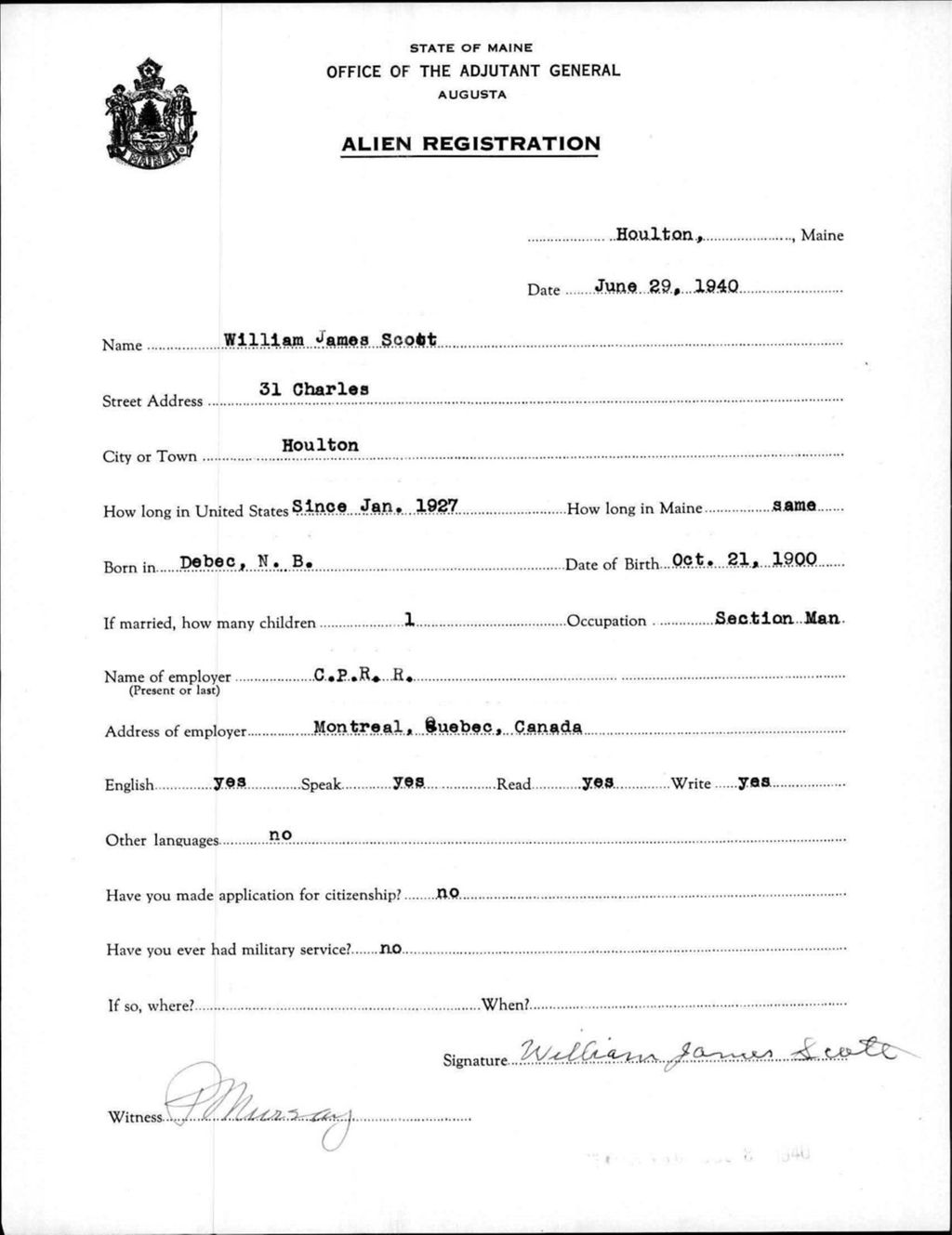 Miniature of Alien Registration- Scott, William J. (Houlton, Aroostook County)