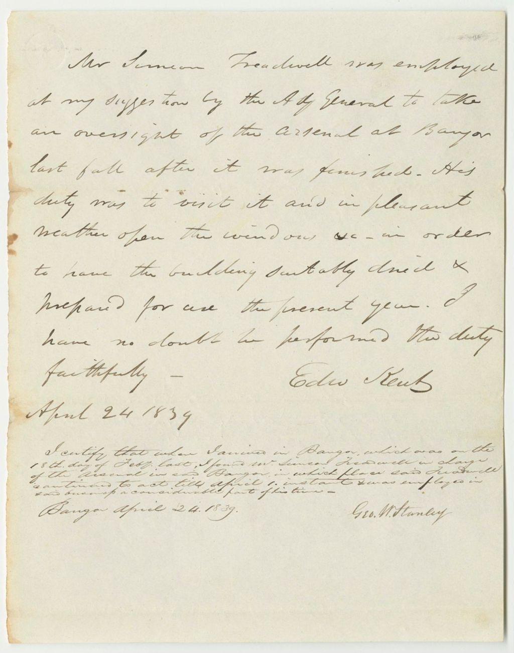 Miniature of Certificates of Simeon Treadwell's Work at the State Arsenal