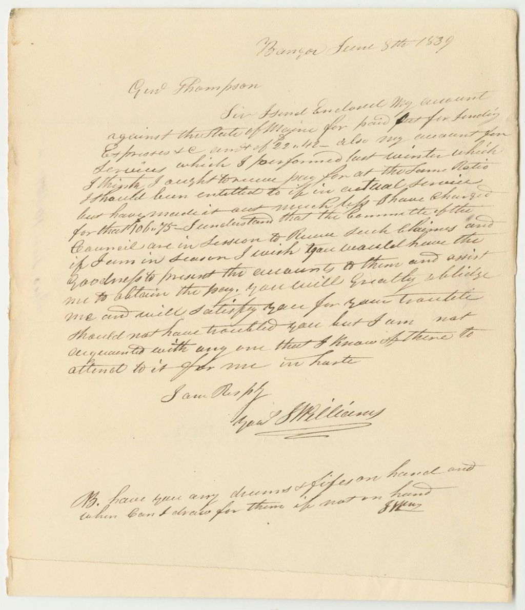 Miniature of Communication from John Williams, Brigadier General for a Draft in the 3rd Division, Enclosing His Account