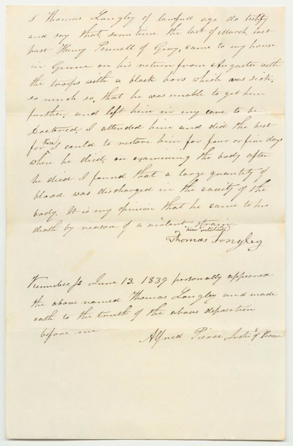 Miniature of Thomas Langely's Testimony on the Death of Henry Pennell's Death